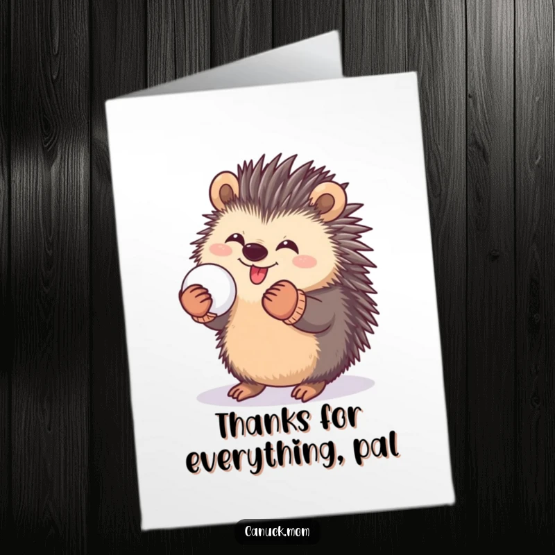 Funny Free Printable Thank You Card: A happy porcupine in mittens playfully presents a snowball as a thank you gesture.