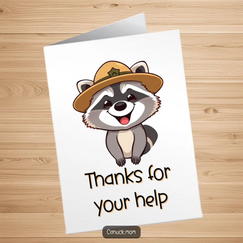 Funny Free Printable Thank You Card: A grinning raccoon park ranger curiously looks on, making thank you notes more fun.