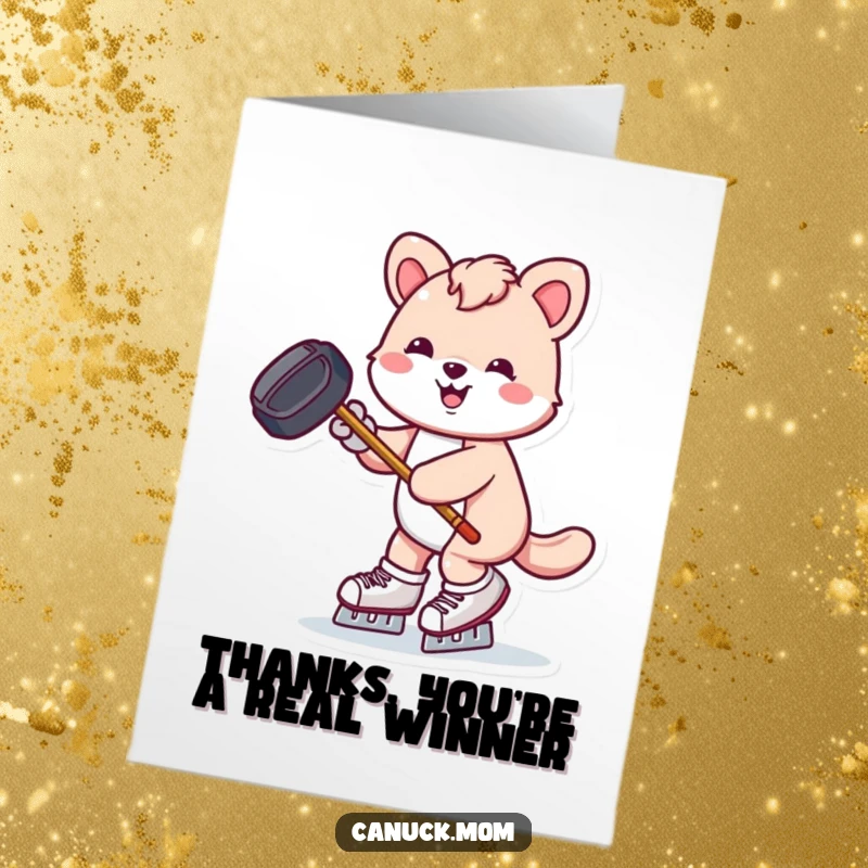Funny Free Printable Thank You Card: Animal skates joyfully with puck and stick, expressing thanks with energetic, cool gratitude.