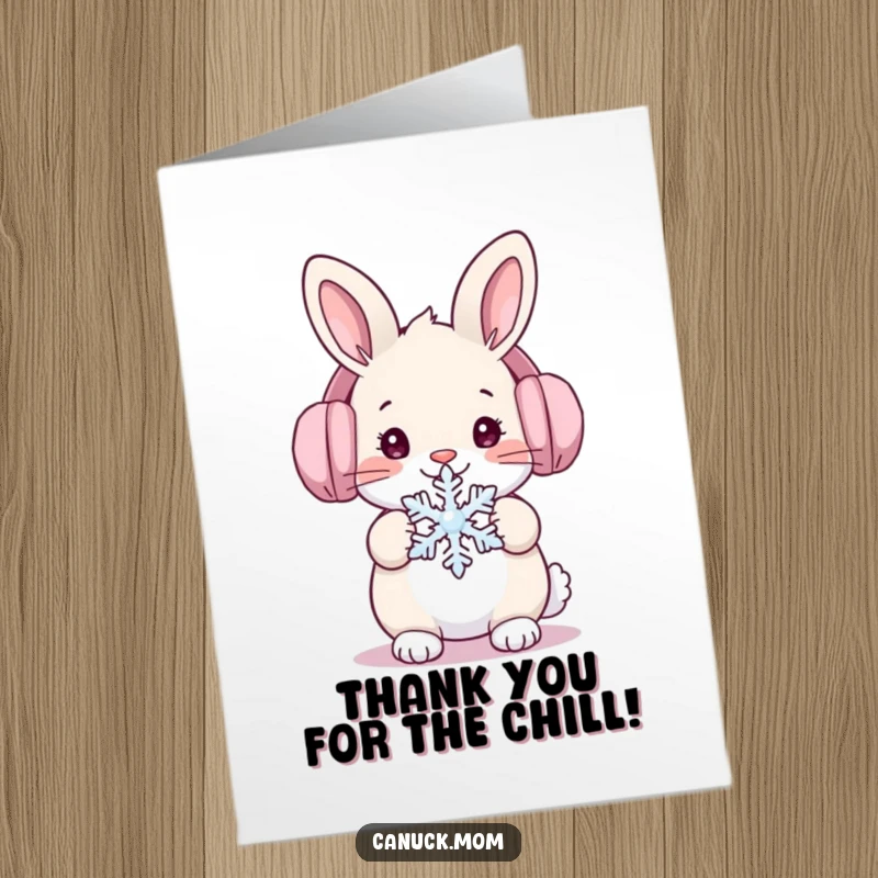 Funny Free Printable Thank You Card: Cute rabbit in ear muffs holding a snowflake, perfect for a chilly thank you.