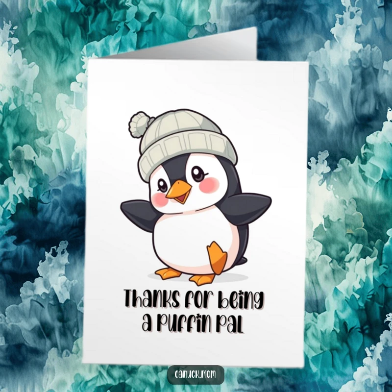 Funny Free Printable Thank You Card: A cheerful puffin in a knit hat taps its foot, sending warm thanks.