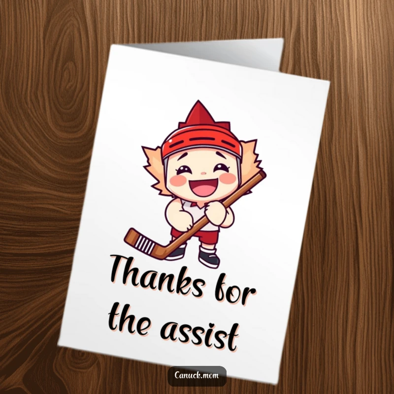 Funny Free Printable Thank You Card: A maple leaf character with an enormous grin embraces a hockey stick, conveying thankful spirit.