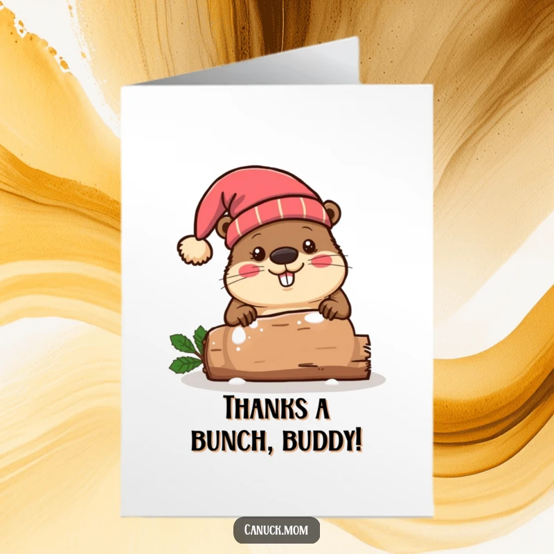 Funny free printable thank you card, beaver wearing a toque hat chopping a festive log, gratitude, woodland humor.