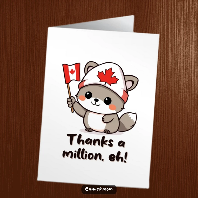 Funny Free Printable Thank You Card: Canadian animal character wearing a toque waves a tiny flag happily.