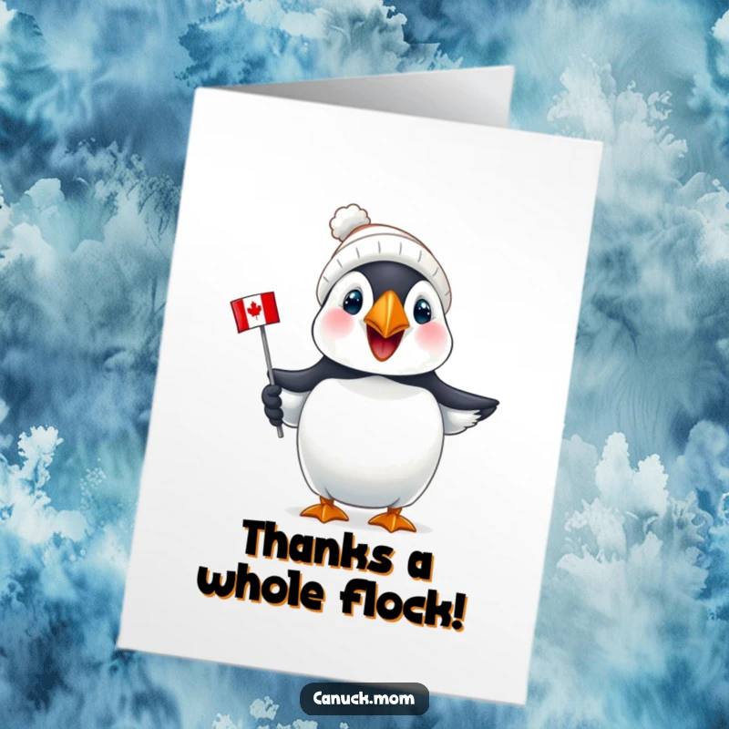 Funny Free Printable Thank You Card: Cute puffin with a toque and Canadian flag, a cheerful way to say thank you.