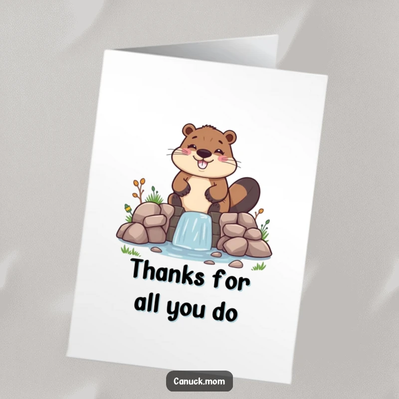 Funny Free Printable Thank You Card: A cheerful beaver pauses from building a small, lopsided dam to express thanks.