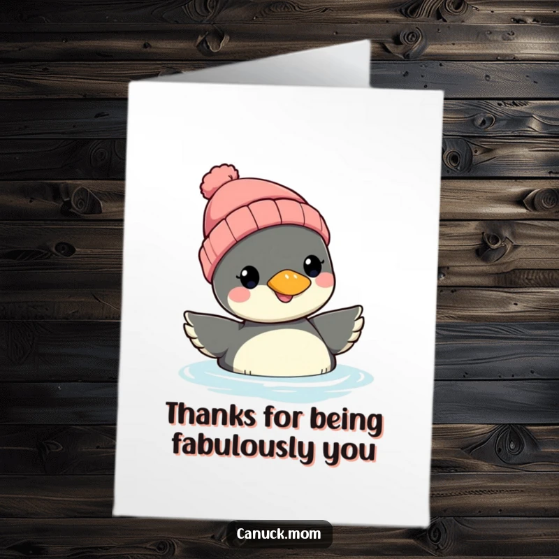 Funny Free Printable Thank You Card: Smiling loon in a beanie floating peacefully, conveying warm thanks.