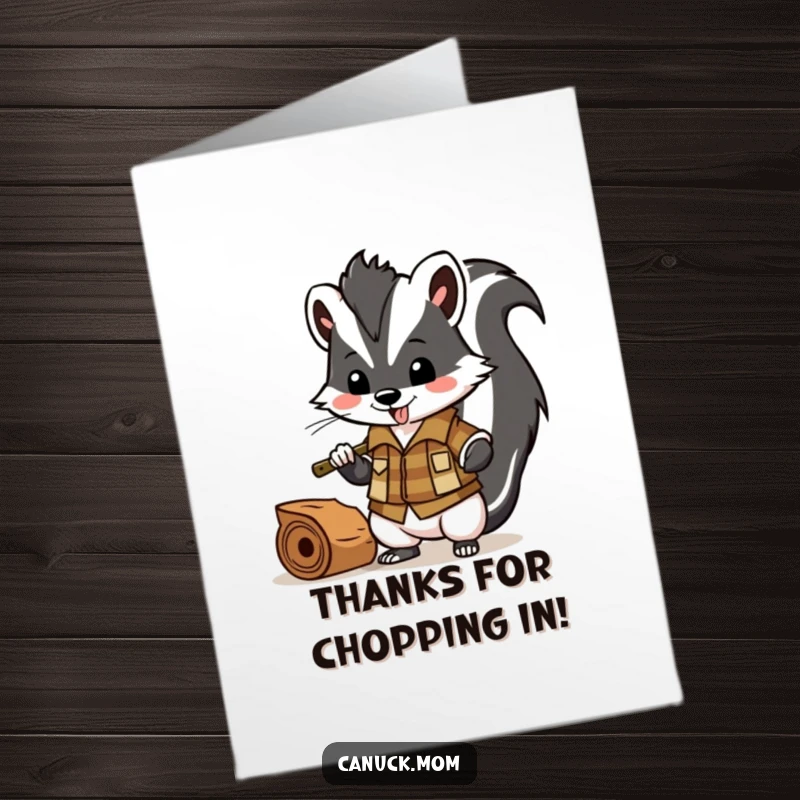 Funny Free Printable Thank You Card: Happy skunk in lumberjack gear chopping wood, expressing gratitude with a smile.