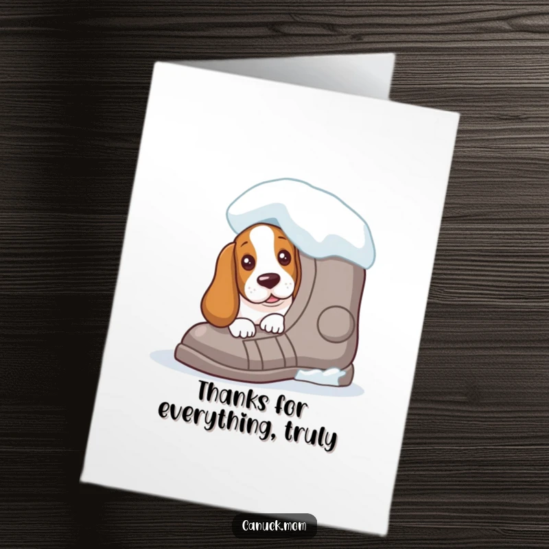 Funny Free Printable Thank You Card: Adorable Basset Hound curiously peeking from behind a giant snowshoe, showing intrigue.