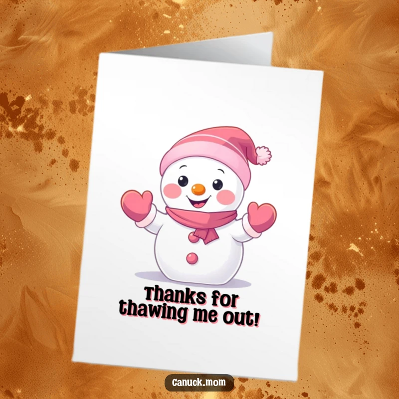 Funny Free Printable Thank You Card: Small snowman character wearing mittens, waving hello with a thank you note.