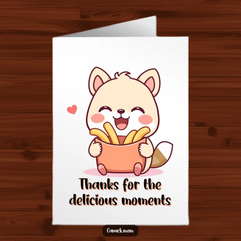 Funny Free Printable Thank You Card: Happy animal holding poutine, expressing gratitude with a big smile.