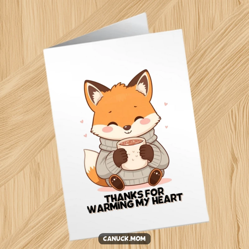 Funny Free Printable Thank You Card: Smiling fox in a cozy sweater, holding a mug of hot cocoa.