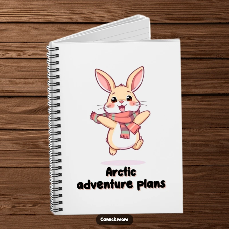 Funny snowshoe hare notebook with a happy bunny wearing a scarf, hopping excitedly, perfect for journaling or note-taking with a whimsical touch.