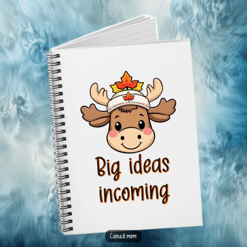 Funny Moose Notebook with a smiling character in a tiny maple leaf hat, ideal for jotting down humorous thoughts.