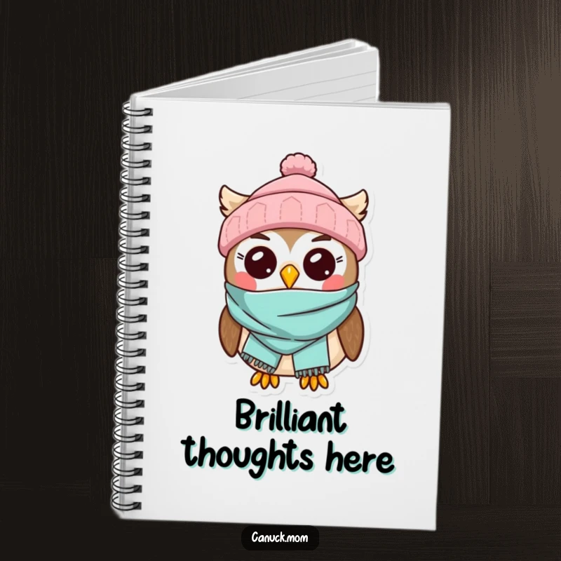 Kawaii Owl Notebook, adorned with a toque and scarf, perfect for jotting down cute winter thoughts.