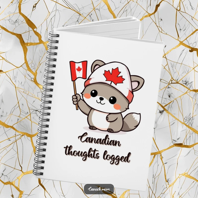 Funny Canadian animal character wearing a toque, waving a tiny Canadian flag, on the cover of a notebook, a funnier gift.