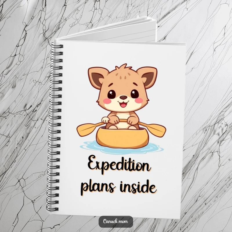 Funny notebook cover art of a cheerful animal paddling a canoe, perfect for jotting down adventure notes.