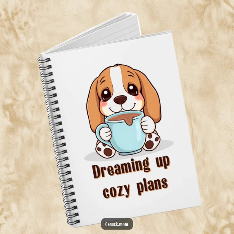 Funny Basset Hound enjoying hot chocolate, looking content, featured on the cover of this cozy notebook.