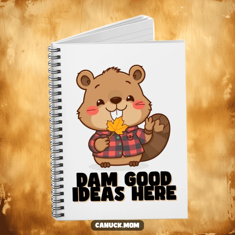 Funny beaver notebook cover with a smiling beaver in a flannel shirt holding a tiny maple leaf, perfect for notes.