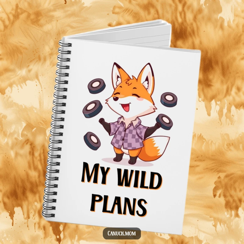 Funny fox juggling hockey pucks, a vibrant and humorous notebook cover for inspired writing.