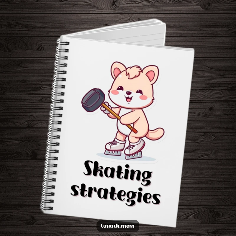 Funny animal with hockey puck and stick skates joyfully, a humorous notebook for hockey notes and ideas.