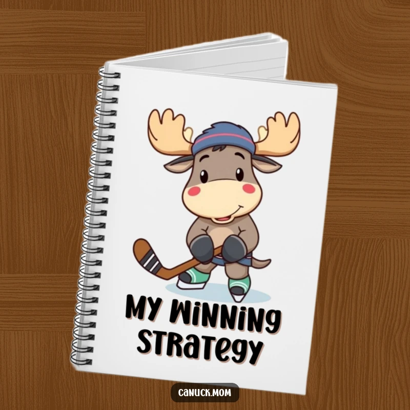 Funny moose character with a hockey stick, ready to write, on a notebook cover, perfect for notes.