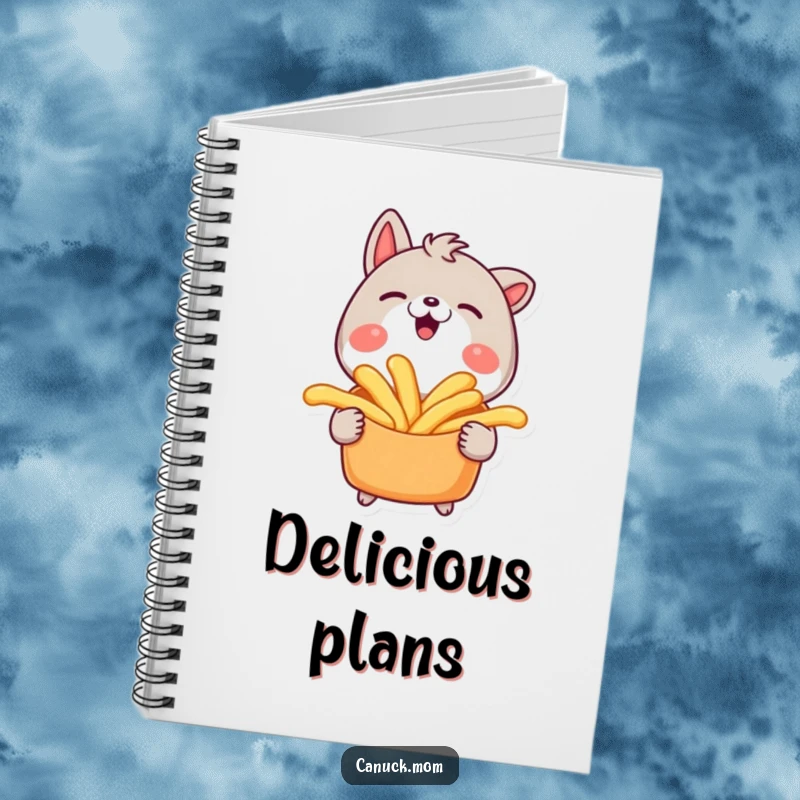 Funny notebook depicting an animal character smiling widely while holding a poutine, perfect for journaling.