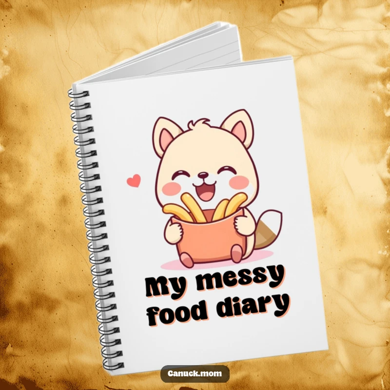 Funny notebook featuring an animal character smiling widely, holding a plate of poutine. Ideal for jotting notes with humorous flair.
