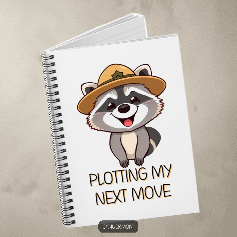 Funny notebook with a grinning raccoon in a park ranger hat, looking curiously, perfect for jotting notes.