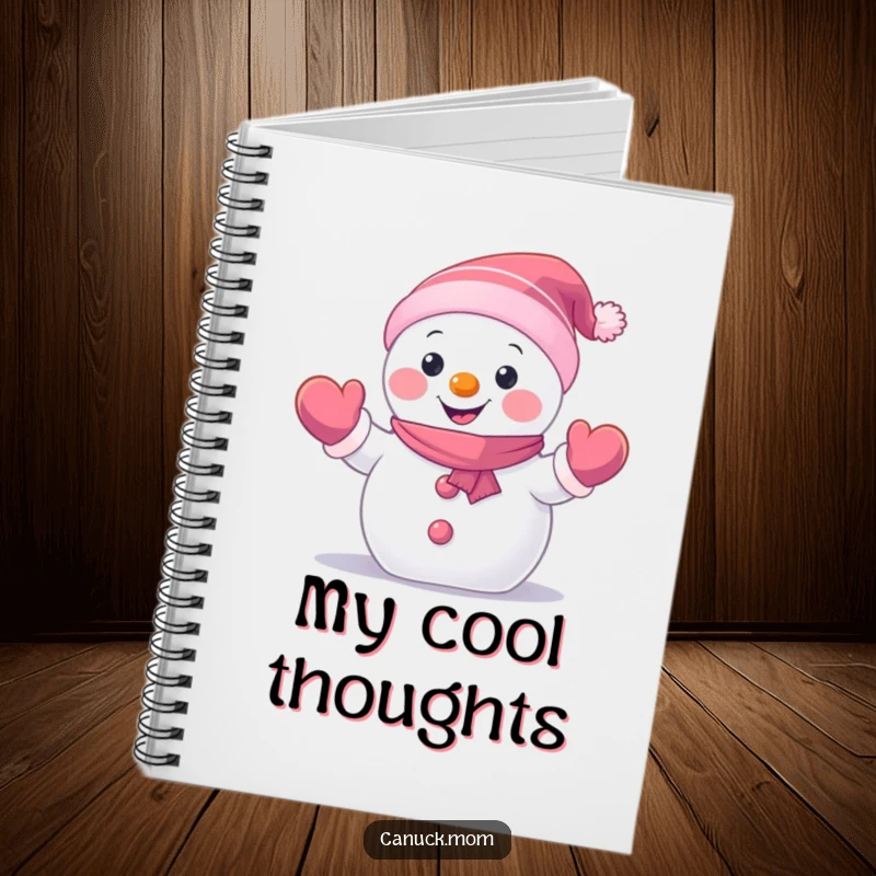 Funny Snowman Notebook with a happy, small snowman character wearing mittens and waving hello, ideal for writing and a funny gift.