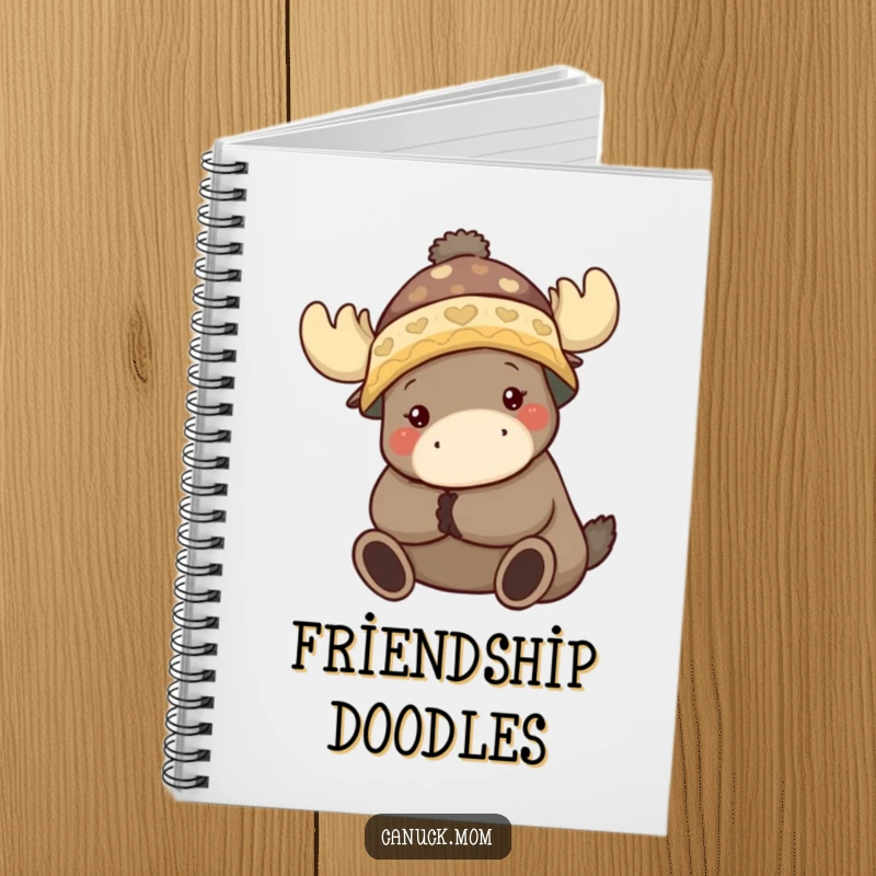 Funny notebook depicting an animal character in a toque hugging a moose, perfect for journaling.