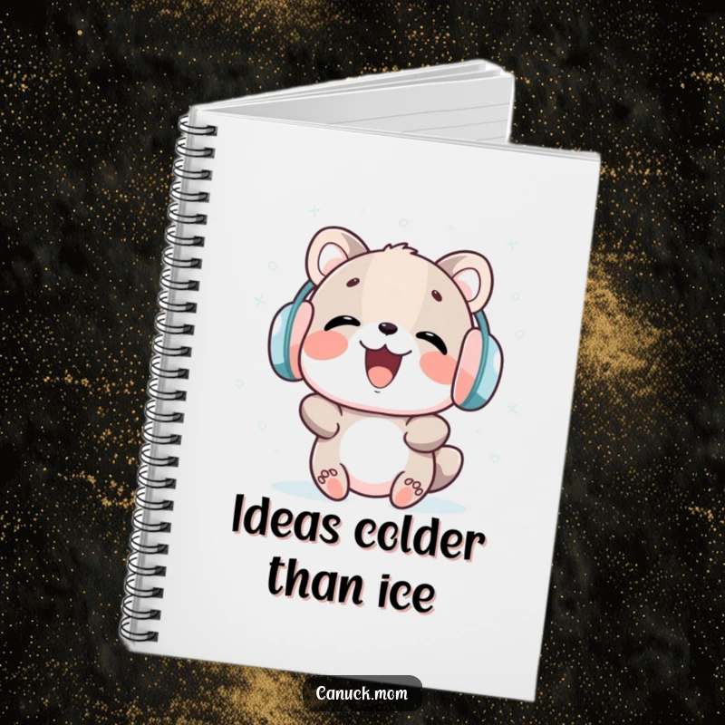 Funny notebook cover art featuring an animal in earmuffs laughing while catching snowflakes, for jotting down funny ideas.
