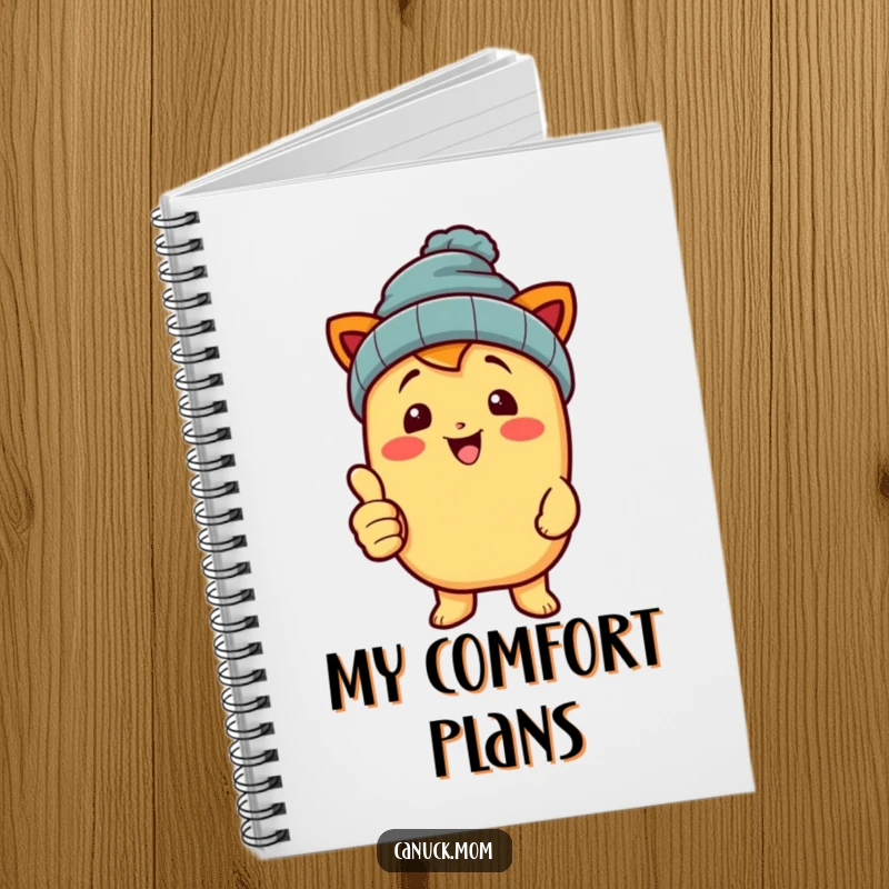Funny poutine character in a beanie, giving a thumbs up, featured on a notebook cover.