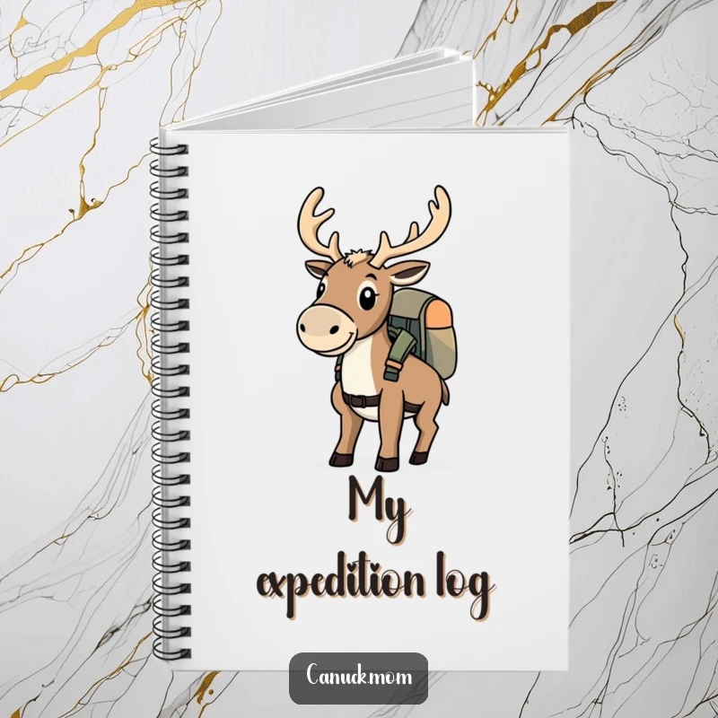 Funny determined caribou with a backpack on a notebook, ready for adventure planning.