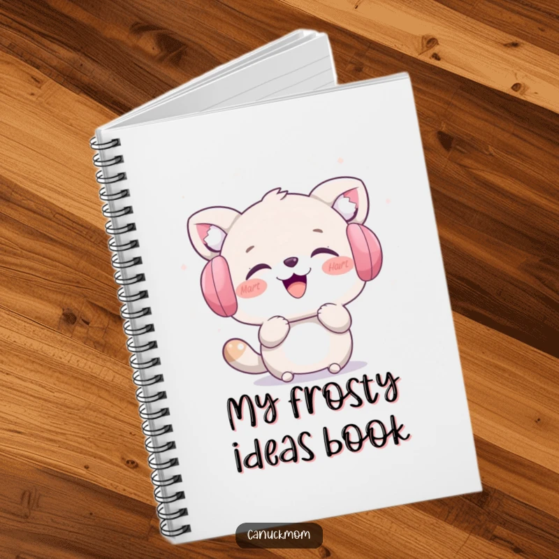 Funny notebook featuring an animal character in earmuffs laughing while catching snowflakes. Ideal for journaling winter fun.