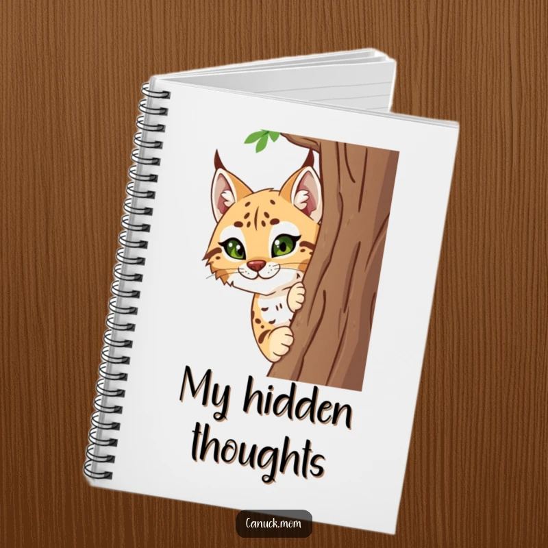 Funny Lynx Notebook with a smiling lynx peeking from behind a tree, perfect for jotting down notes humorously.