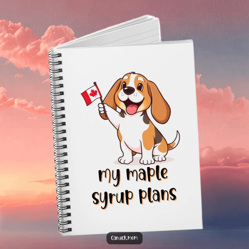 Funny Basset Hound notebook with an enthusiastic Canadian flag wave, perfect for jotting down notes, ideas, or doodles with patriotic charm.