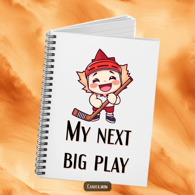 Funny maple leaf character grinning widely, holding a hockey stick, ideal for journaling game plans and thoughts.