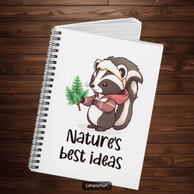 Funny Skunk Pine Tree Notebook, featuring a cartoon skunk in a parka, holding a bouquet of pine trees, perfect for journaling nature notes.