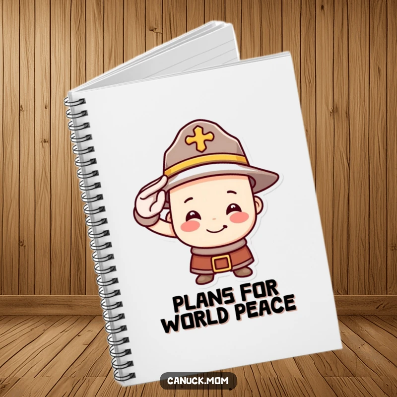 Funny Mountie hat notebook with a smiling face bravely saluting, designed for jotting down notes with a touch of humorous Canadian flair.
