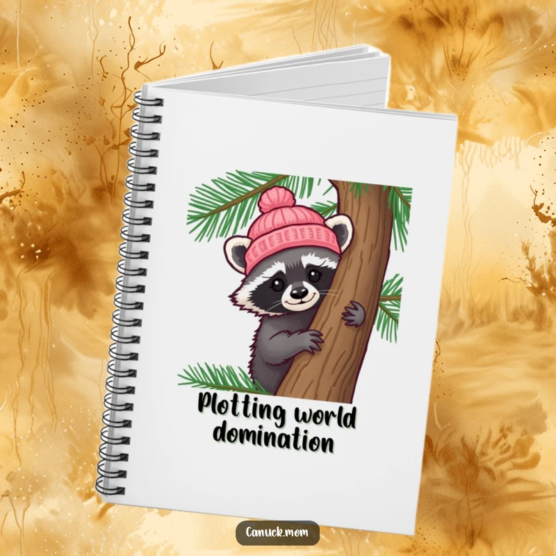 Funny Raccoon Hat Notebook: A curious raccoon wearing a tiny knitted hat peeks from behind a pine tree, ready for your notes.