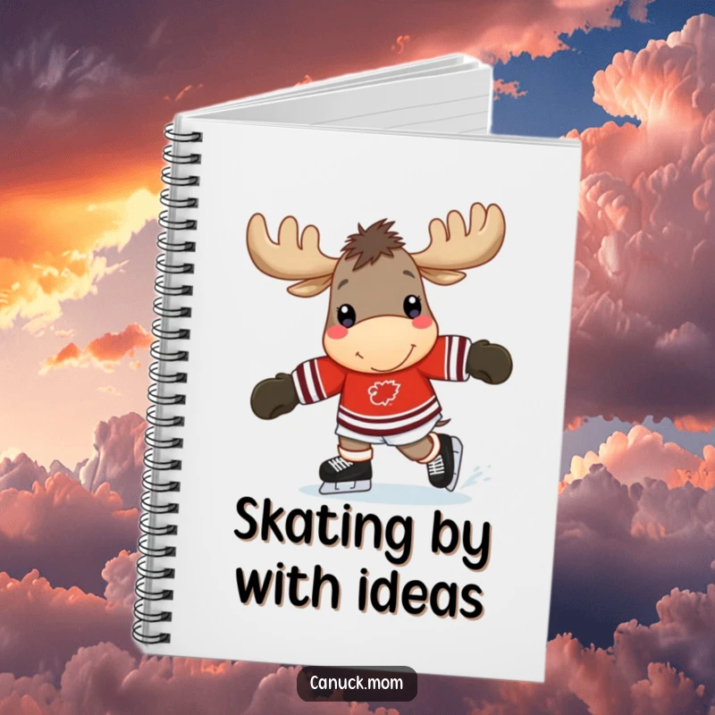 Funny moose notebook cover with a cheerful moose in a hockey jersey, happily skating, perfect for notes.