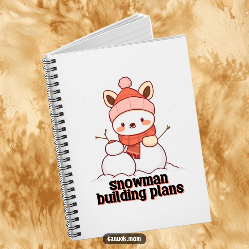 Funny animal wearing a winter hat, building a snowman, a humorous notebook for winter notes and ideas.