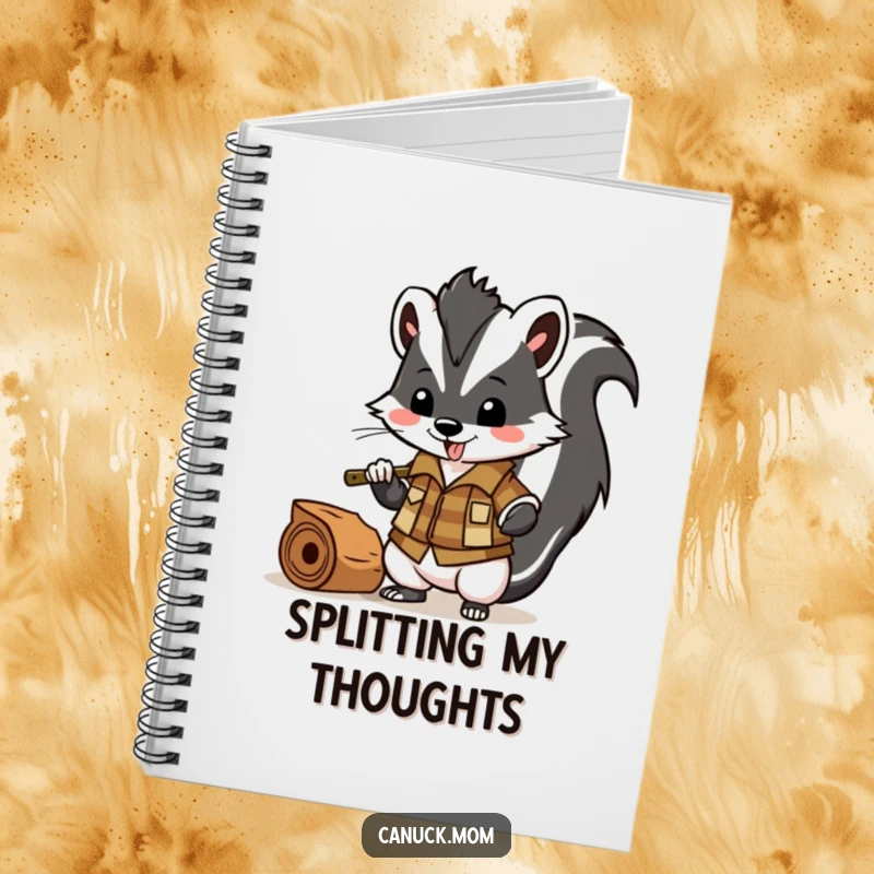 Funny skunk in lumberjack shirt chopping wood, practical notebook for journaling and notes.