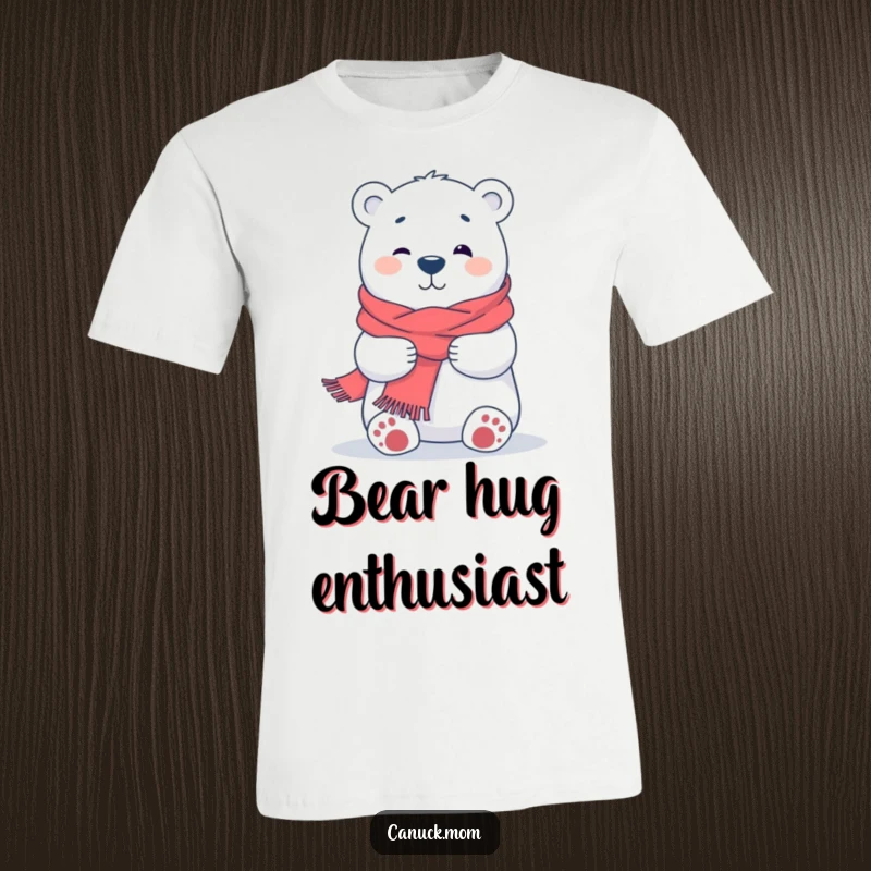 Funny Polar Bear Hug T-Shirt, featuring a friendly cartoon polar bear in a scarf, extending its arms for a warm embrace, adorable apparel.