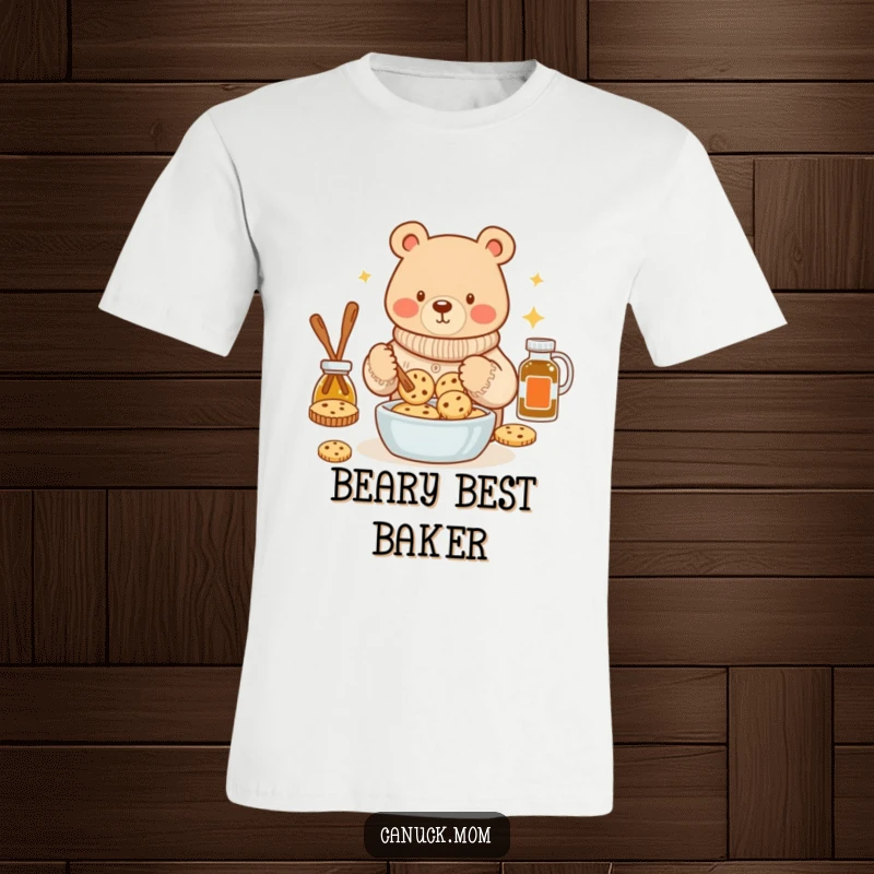 Funny bear in a cozy sweater baking maple syrup cookies on a t-shirt, celebrating homemade treats and warmth.