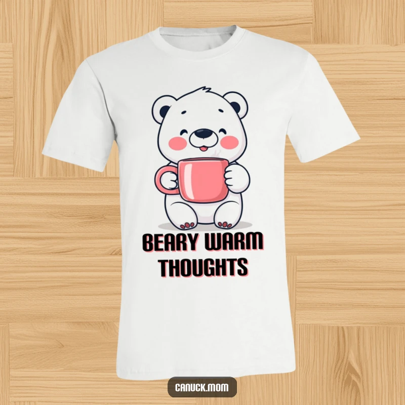Happy Polar Bear T-Shirt, holding a steaming mug, showcasing cheerful winter vibes and comfort.