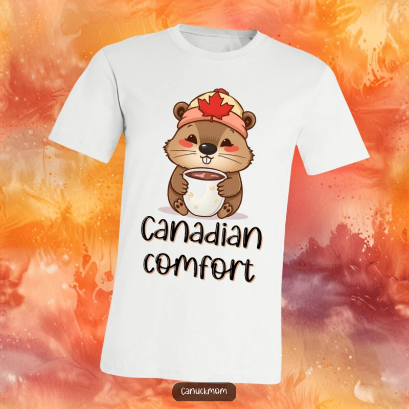 Funny Beaver T-Shirt: A beaver wearing a maple leaf toque sips hot chocolate with a contented expression.