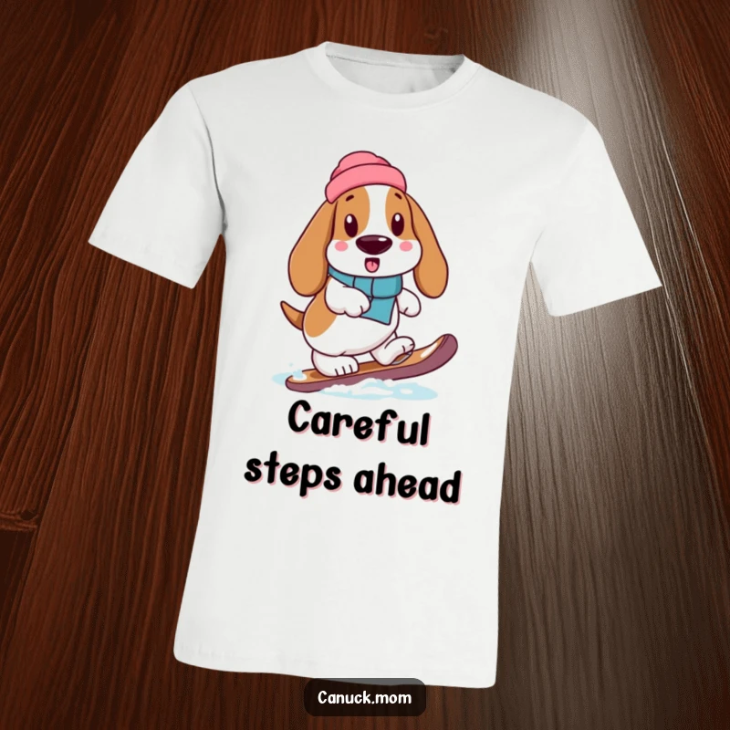 A Basset Hound carefully steps with a snowshoe on this funny and relatable winter-themed t-shirt.