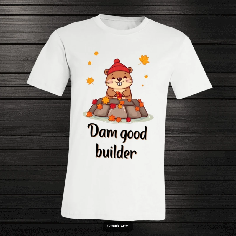 Funny beaver wearing a red toque building a dam using maple leaves on a humorous t-shirt.